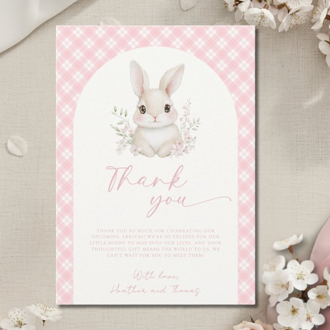 Carte De Remerciements Une Baby Shower Lapin Rose en Vichy (Créateur téléchargé)