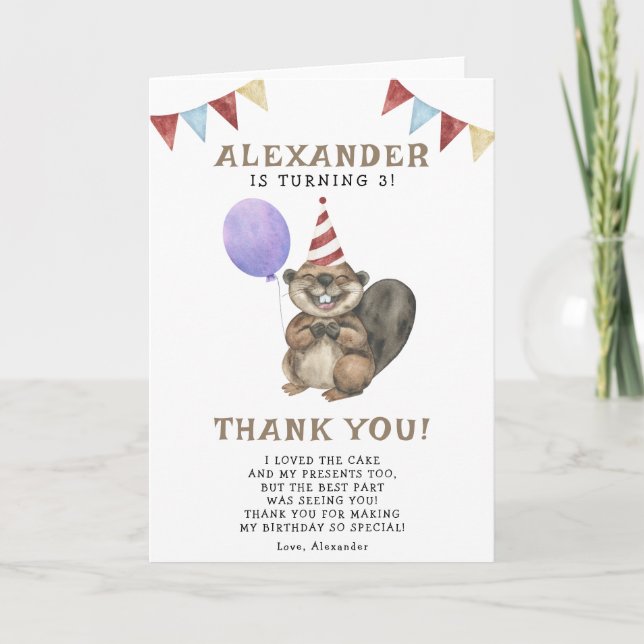Carte De Remerciements Une fête d'anniversaire pour un petit castor de 3  (Devant)