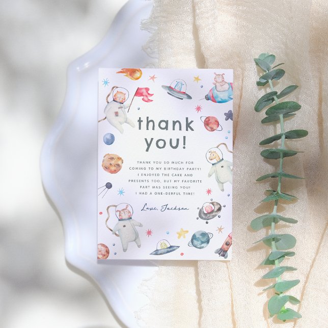 Carte De Remerciements Une petite étape | Animaux spatiaux 1er anniversai (Créateur téléchargé)