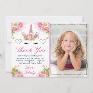 Carte De Remerciements Unicorn Visage et aquarelle Fleurs photo Anniversa