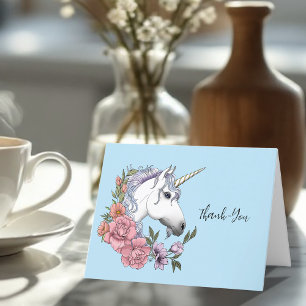 Carte De Remerciements Unicorne blanche Fleurs roses Mariage bleu