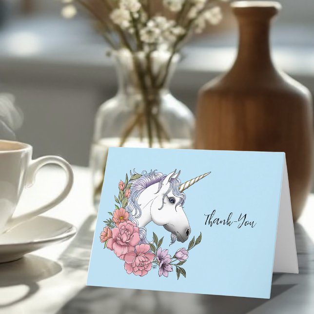 Carte De Remerciements Unicorne blanche Fleurs roses Mariage bleu (Créateur téléchargé)