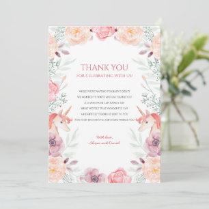 Carte De Remerciements Unicorne d'or rose Floral Baby shower d'aquarelle