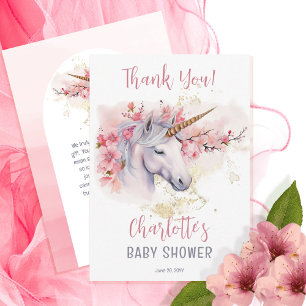 Carte De Remerciements Unicorne mystique   Baby shower rose floral fille