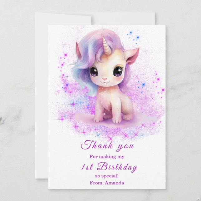 Carte De Remerciements Unicorne rose et violet 1er anniversaire personnal (Devant)