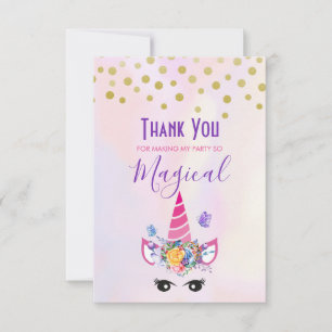 Carte De Remerciements Unicorne tendance avec Fleurs Papillons & Confetti