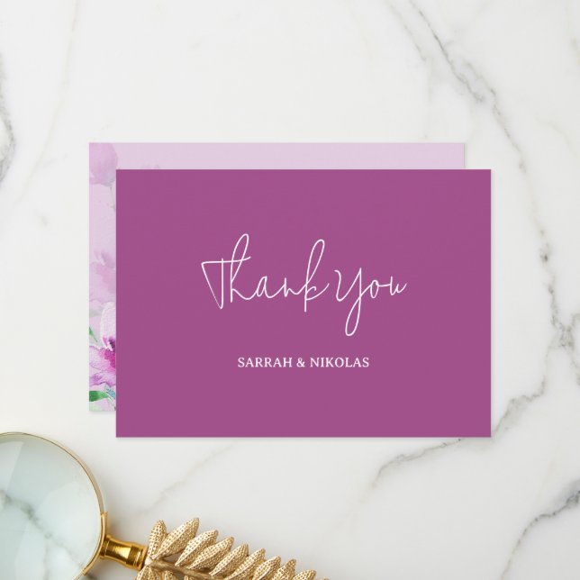 Carte De Remerciements Uniquité Des Fleurs D'Aquarelle Violet (Devant/Arrière en situation)