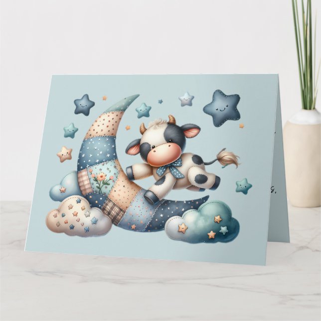 Carte De Remerciements Vache au crochet mignonne sur la lune avec étoiles (Devant)