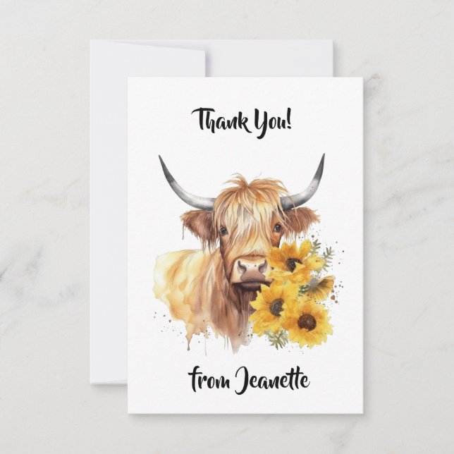 Carte De Remerciements Vache écossaise Highland avec des tournesols. Modi (Devant)