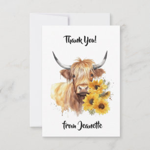 Carte De Remerciements Vache écossaise Highland avec des tournesols. Modi