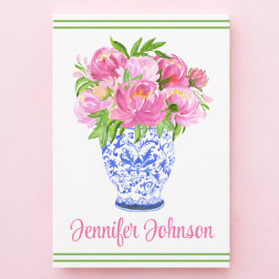 Carte De Remerciements Vase à bordure personnalisée de pivoines roses en 