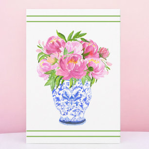 Carte De Remerciements Vase de chinoiserie aux pivoines roses bordure ver