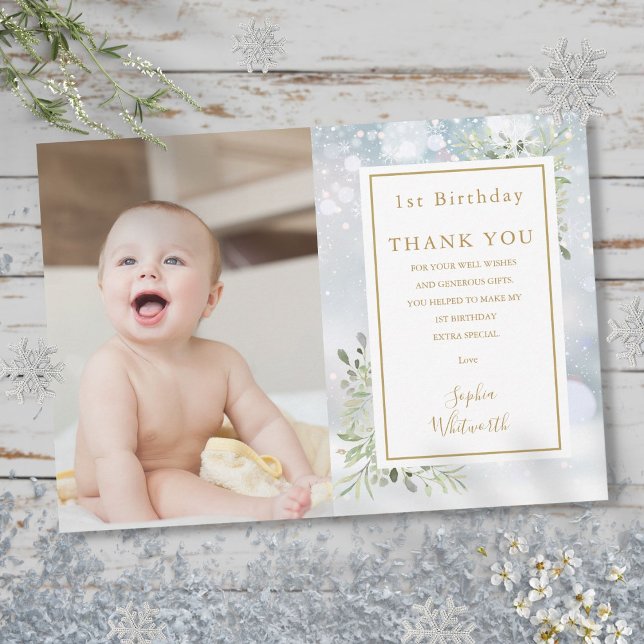 Carte De Remerciements Végétation d'hiver 1er anniversaire Photo (Winter Greenery 1st Birthday Photo Thank You Card)