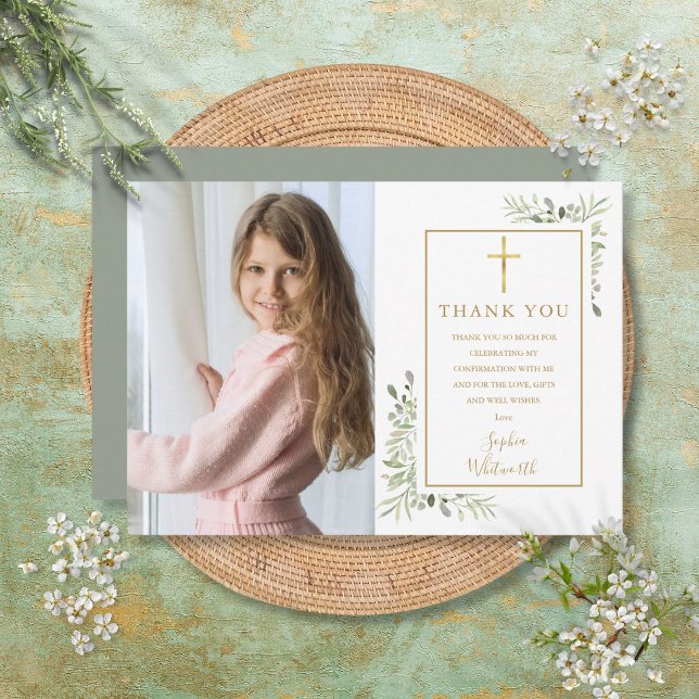 Carte De Remerciements Végétation Florale Photo Gold Confirmation (Greenery Floral Photo Gold Confirmation Thank You Card)