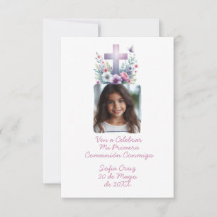 Carte De Remerciements Ven A Celebrar Mi Primera Comunión con Foto Flores