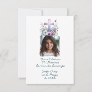 Carte De Remerciements Ven A Celebrar Mi Primera Comunión con Foto Flores