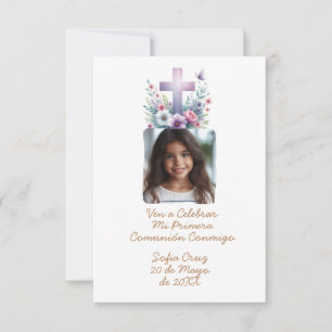 Carte De Remerciements Ven A Celebrar Mi Primera Comunión con Foto Flores