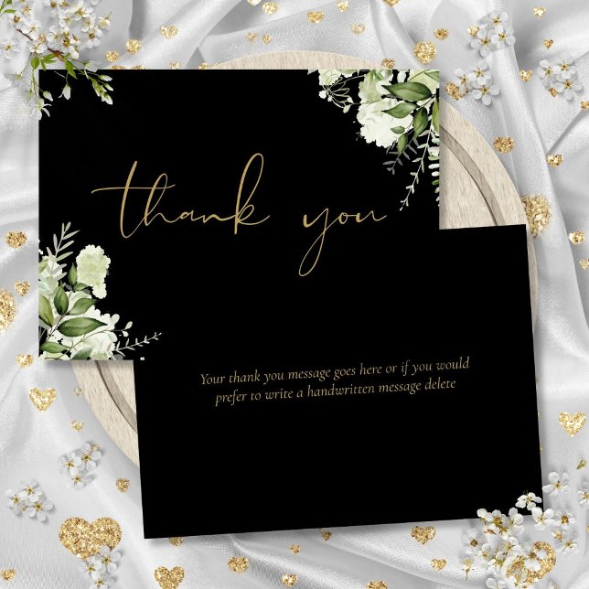 Carte De Remerciements Verdure Botanique Noir Et Or Élégant Script (Black And Gold Botanical Greenery Elegant Script Thank You Card)