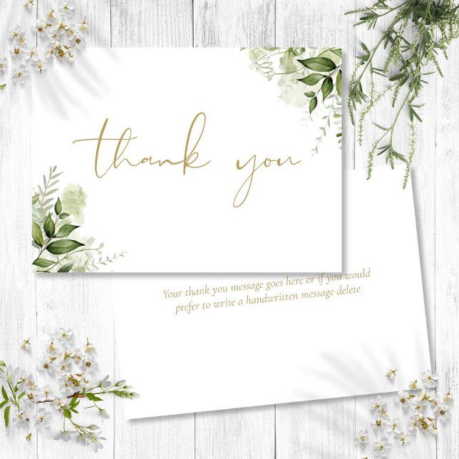 Carte De Remerciements Verdure personnalisée Flore Élégant Script or (Personalized Greenery Floral Elegant Gold Script Thank You Card)
