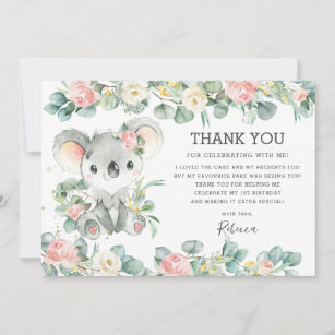 Carte De Remerciements Verdure rose florale Cute Koala 1ère fille d'anniv