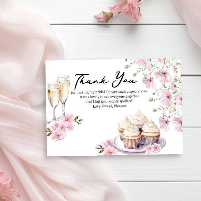 Carte De Remerciements Verres à champagne et cupcakes Fleurs roses (Thank you cards from Cupcakes and Cava Bridal Shower Collection by Darling & May)