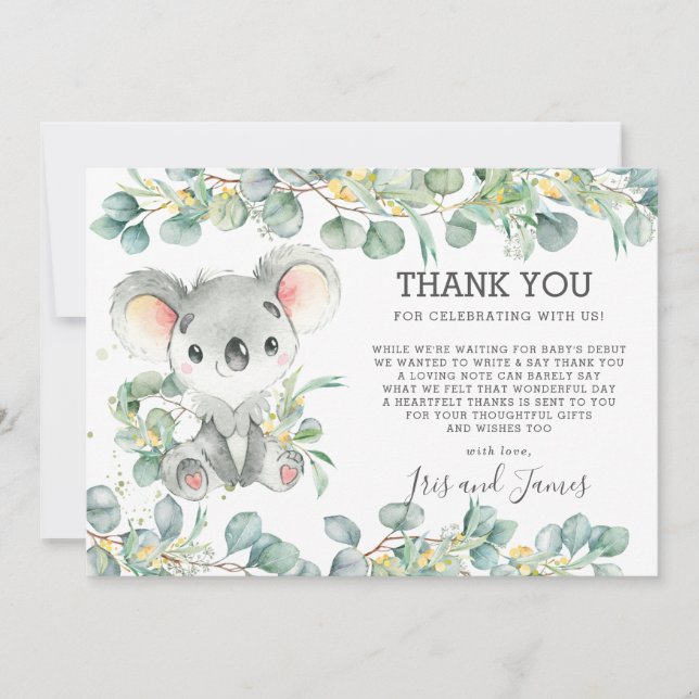 Carte De Remerciements Vert chic rustique Cute Koala Baby shower Boy (Devant)