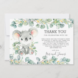 Carte De Remerciements Vert chic rustique Cute Koala Baby shower Boy