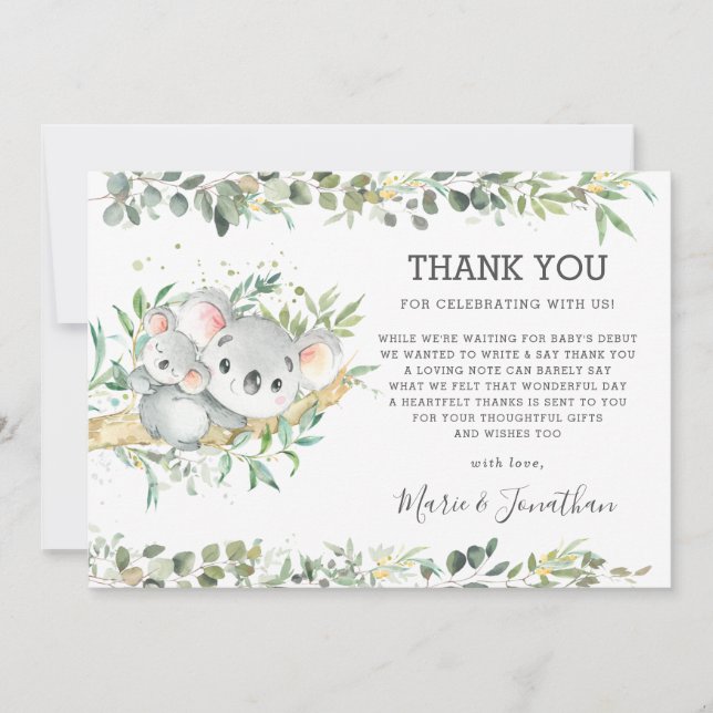 Carte De Remerciements Vert Cute Koala Baby shower neutre entre les sexes (Devant)