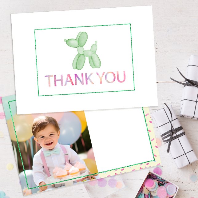 Carte de remerciements vert de chien de ballon (gender neutral photo birthday party thank you card )