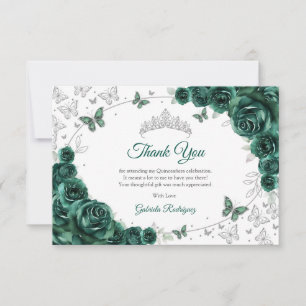 Carte De Remerciements Vert émeraude argent floral Quinceanera
