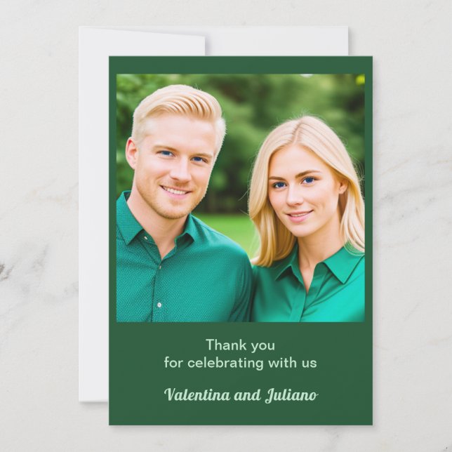 Carte De Remerciements Vert Émeraude Monochrome À Thème Avec Mariage Phot (Devant)