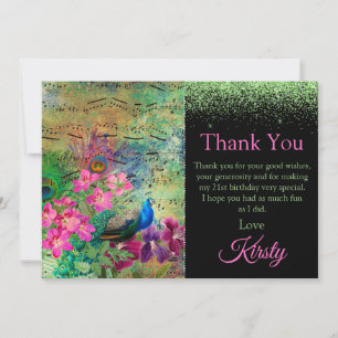 Carte De Remerciements Vert émeraude vintage et paon rose Anniversaire Me