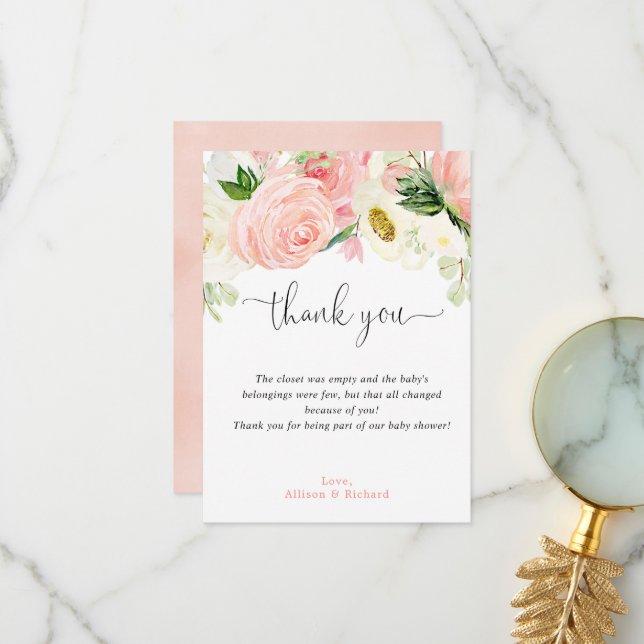 Carte De Remerciements Vert floral or rose pâle aquarelle élégant (Devant/Arrière en situation)