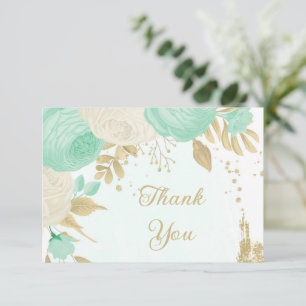 Carte De Remerciements vert menthe et fleurs blanches or fleuri mariage