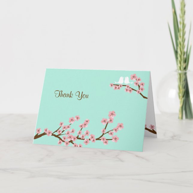 Carte De Remerciements Vert menthe et rose Fleur de cerisier Moderne Merc (Devant)