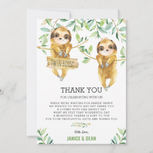 Carte De Remerciements Vert mignon Sloth Baby shower jumeaux garçons