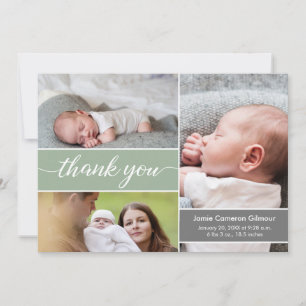 Carte De Remerciements Vert moderne Photos Nouveau-né Nom Baby shower