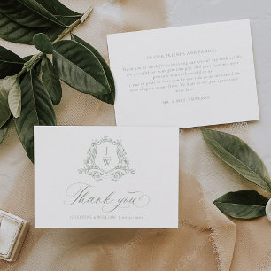 Carte De Remerciements Vert sauge Monogramme Floral Crest Mariage Élégant