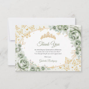 Carte De Remerciements Vert sauge Or Fleur Quinceanera