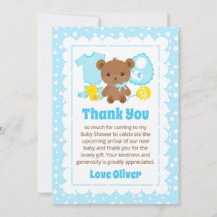 Carte De Remerciements Vêtements d'ours en peluche Blue Boy Baby Shower