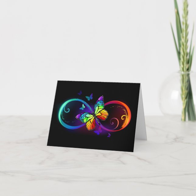 Carte De Remerciements Vibrant infinity with rainbow butterfly on black (Devant)