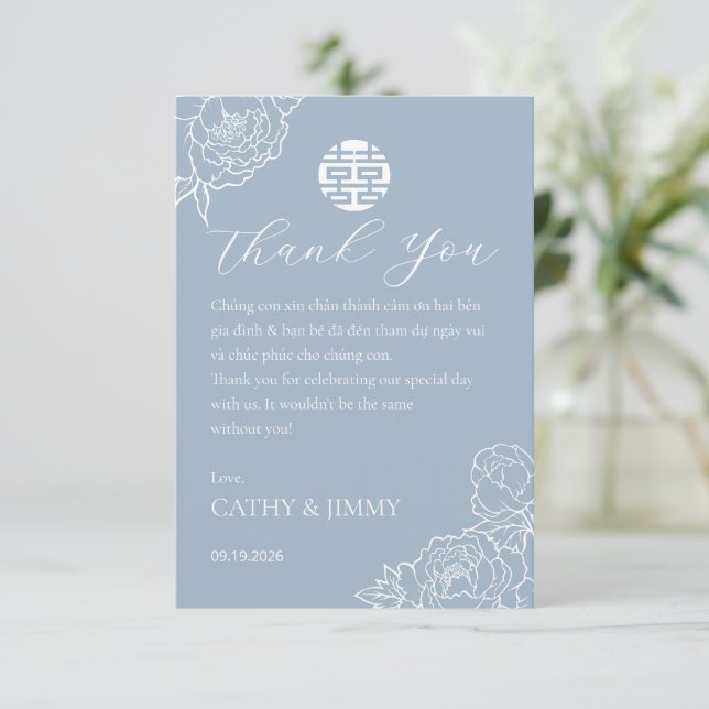Carte De Remerciements Vietnamese Wedding Peony Dusty Blue Thank You Card (Debout devant)