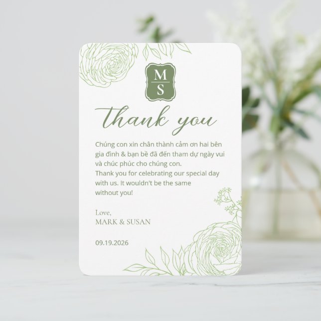 Carte De Remerciements Vietnamese Wedding Ranunculus Green Thank You Card (Debout devant)