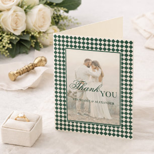 Carte De Remerciements Vieux Argent Photo Mariage Plié à Carreaux Verts