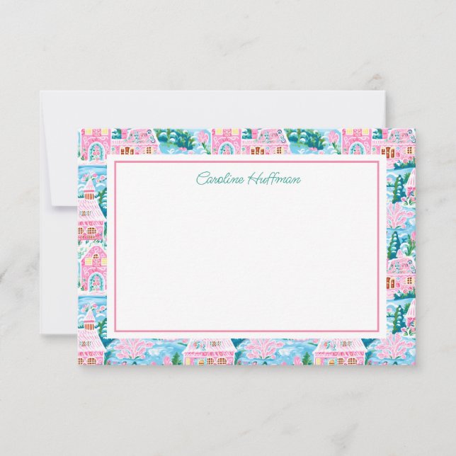 Carte De Remerciements Village de Noël rose Preppy Personnalisé (Devant)