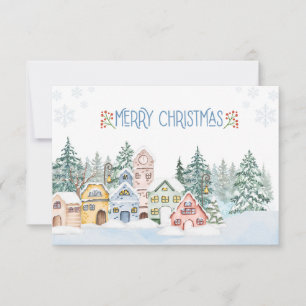Carte De Remerciements Village enneigé charmant pour Noël en aquarelle