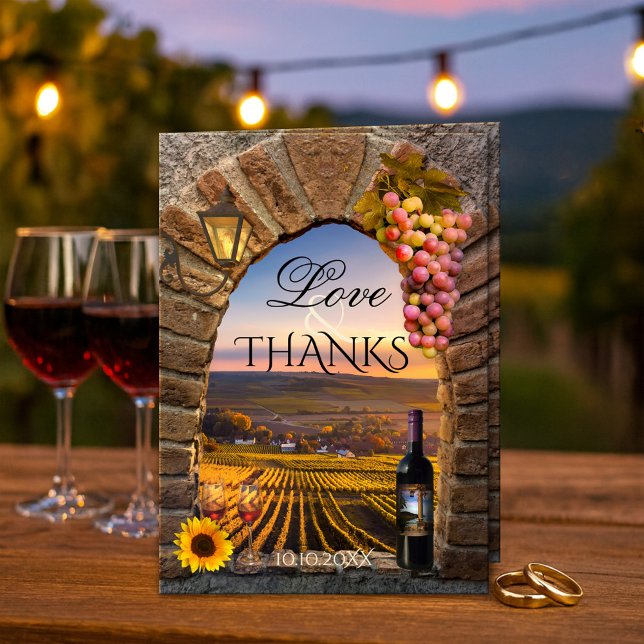 Carte De Remerciements Vineyard Winery Wedding Photo Thank You Card (Wedding Thank You card featuring a painting with Roman arch, sunflower, lantern and wine glasses)