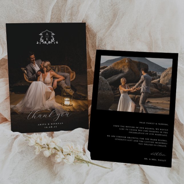 Carte De Remerciements Vins intemporels Monogram Crest Photo Mariage (Créateur téléchargé)