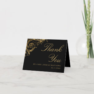Carte De Remerciements Vintage Black Gold Floral Damask Script Mariage