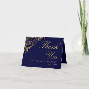 Carte De Remerciements Vintage Blue Gold Floral Damask Script Mariage